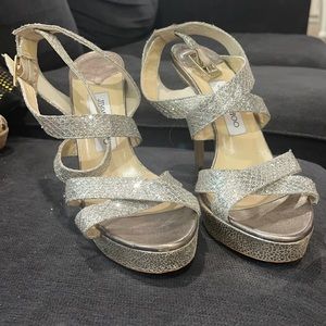 Jimmy Choo Silver Coarse Glitter Lottie Antique Sandals